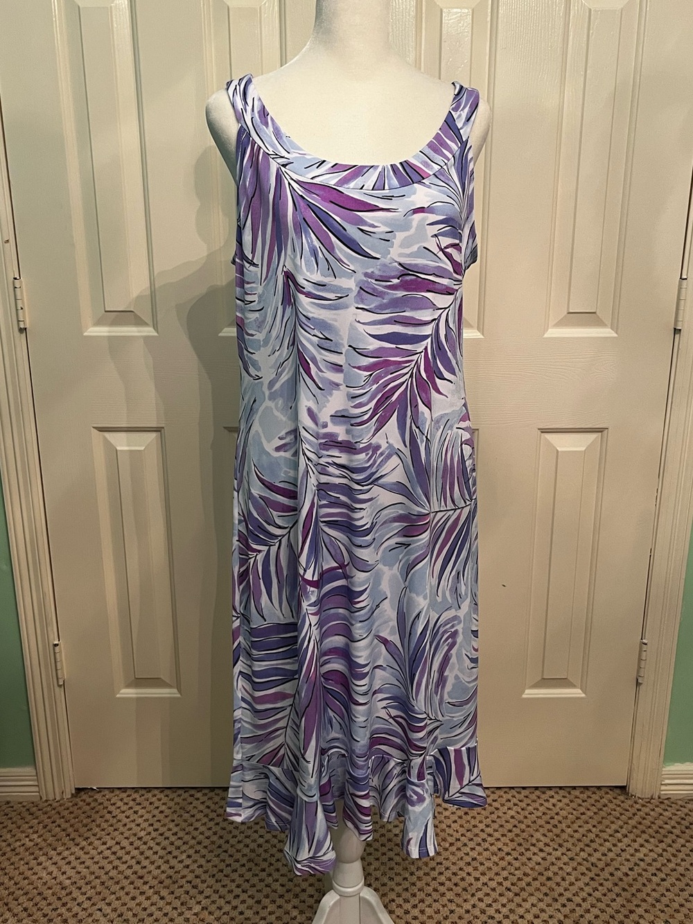 Susan Graver Lavender and Light Blue Leaf-Print Maxi Dress